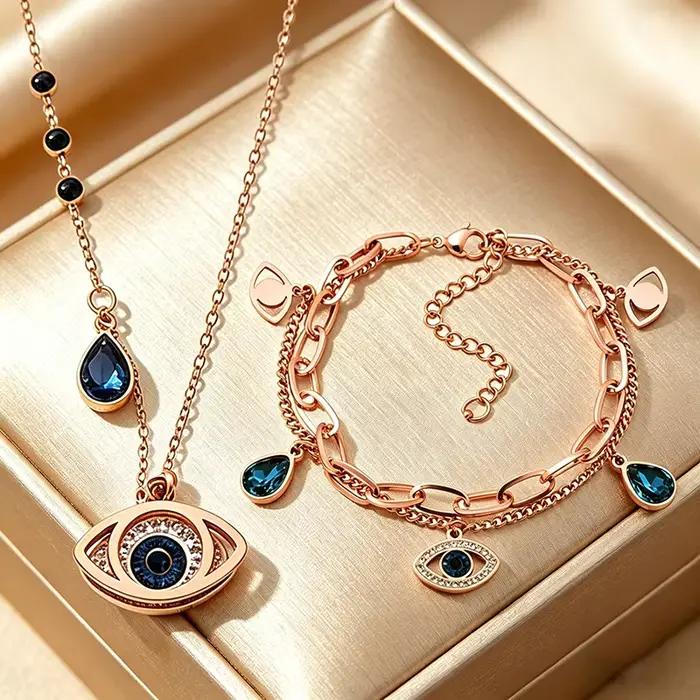 Ensemble de bijoux Evil Eye pour femmes, collier et bracelet en acier inoxydable avec cristal bleu, bijoux de protection porte-bonheur turcs