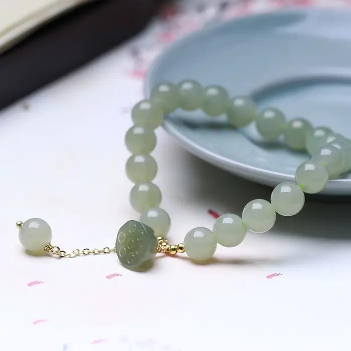 Pendentif Lotus en perles rondes pour femmes, avec breloque Simple, Bracelet en Jade Hetian, anneau unique de 8mm, mode petite amie, cadeau DIY, vente en gros