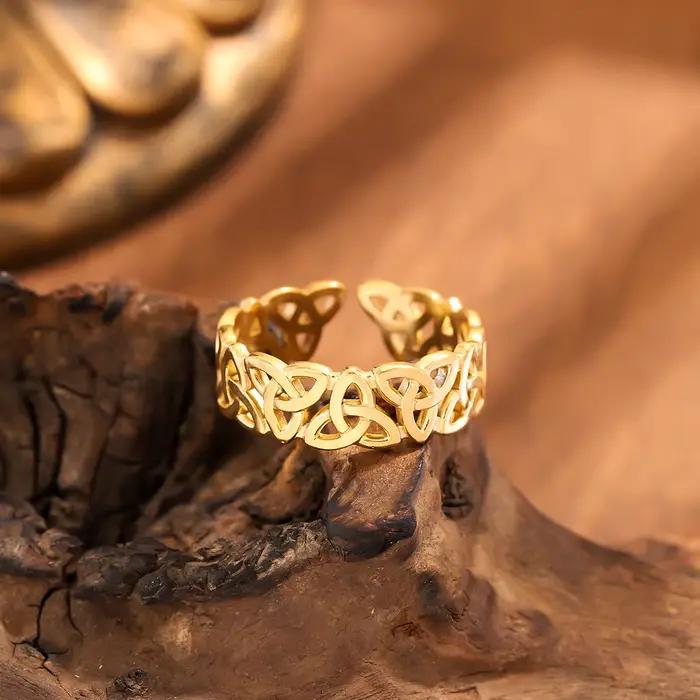 Bague en acier inoxydable plaqué or à nœud celtique de luxe léger, métal lourd imperméable et ne se décolore pas, avec bague réglable