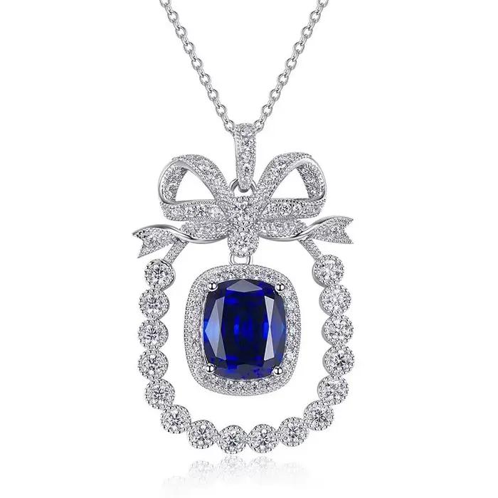 Collier nœud papillon en argent regardé 925 pour femme, saphir de laboratoire, pendentif complet de diamants, bijoux de mariage classiques, élégant