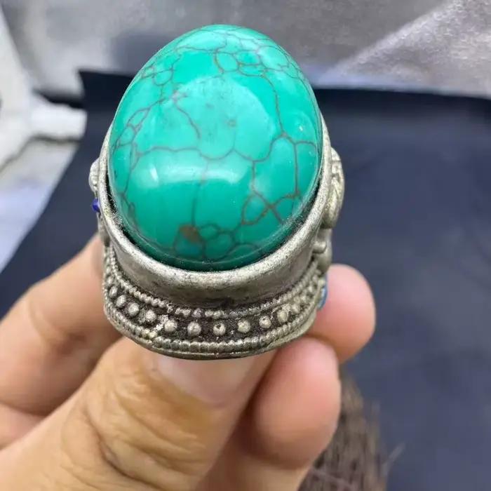 Bague unisexe de style mongol vintage, incrustée à la main de turquoise naturelle stabilisée, bijou ethnique tibétain antique pour le doigt