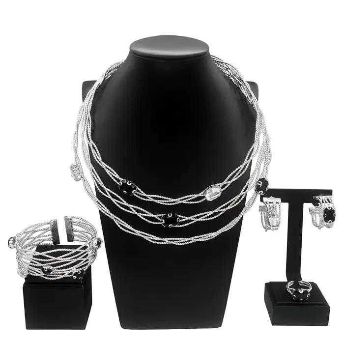 SYBathroom-Ensemble de Bijoux de Luxe pour Femme, Classique, Noir, Blanc, Strass, Plaqué Or, Collier, Bracelet, Original, L 24K