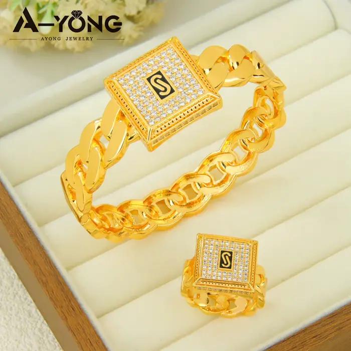 Parure de bijoux hip-hop italienne en zircone plaqué or 24 carats, style arabe punk, bracelets manchette et bague, pour femmes éthiopiennes, idéale pour événements et fêtes