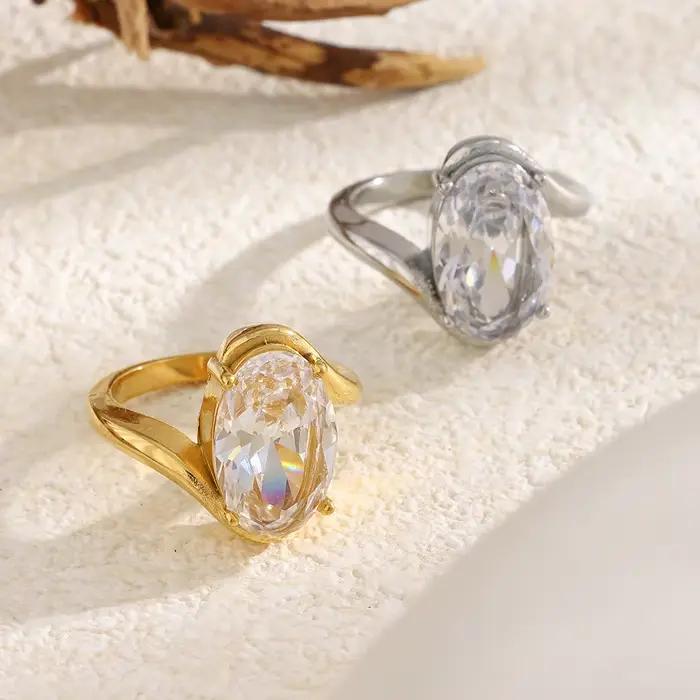 Bague ovale en acier inoxydable plaqué or avec cristal, grande bague solitaire pour femme, bijoux de mode