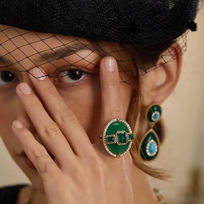 Bagues œuf vintage vert émeraude pour femme, bijoux de luxe Art Déco, mode féminine, fête, marque, haute qualité, cadeau tendance 2026