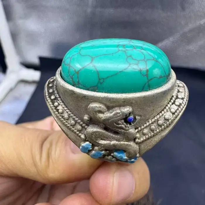 Bague unisexe de style mongol vintage, incrustée à la main de turquoise naturelle stabilisée, bijou ethnique tibétain antique pour le doigt
