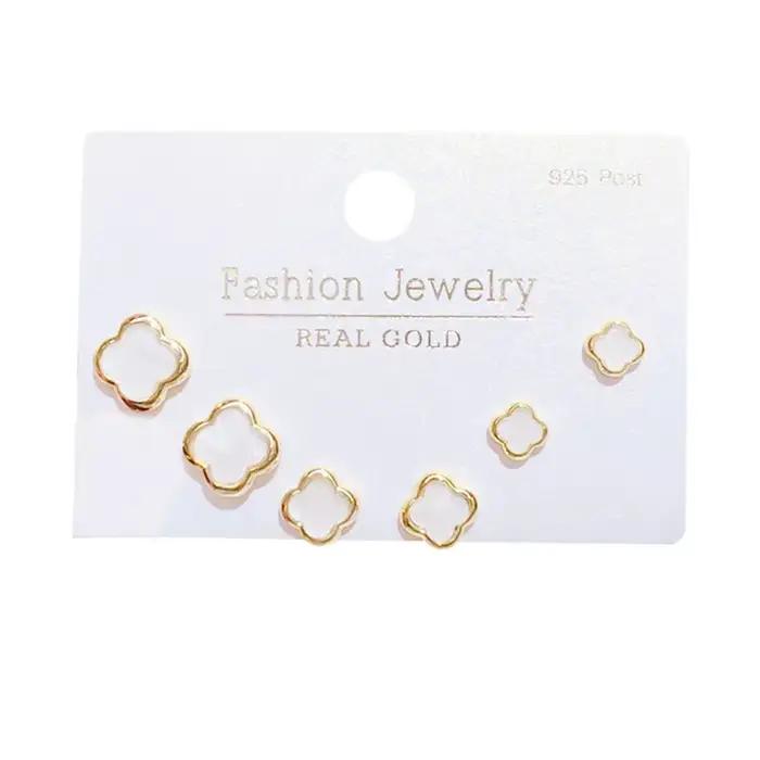 Ensemble de boucles d'oreilles trèfle à quatre feuilles pour femmes, haut de gamme, géométrique intégré, coquille blanche, trois paires de bijoux d'oreille, nouvelle collection 2025