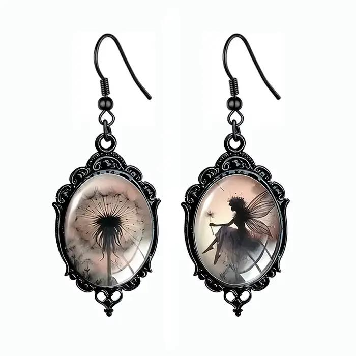 Boucles d'oreilles asymétriques en forme de pissenlit noir pour femmes, bijoux gothiques ovales en verre