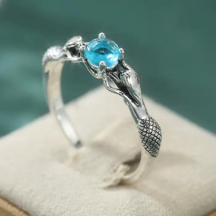 Bague vintage délicate sculptée en zircone synthétique bleue argentée, design élégant et chic pour femme, accessoires de bijoux pour banquets et anniversaires