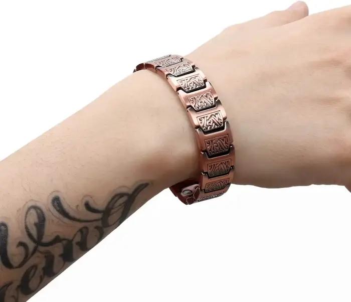 ARADOO Bracelet en cuivre pour hommes, 100% cuivre pur, bracelet à maillons magnétiques, bijoux, cadeau avec outil de réglage de la taille