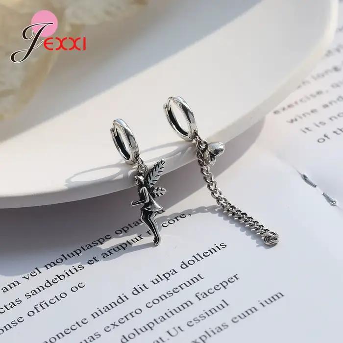 Boucles d'oreilles Vintage en argent Sterling 925 pour femmes, bijoux fins, asymétrie, chaîne elfe, pompon, accessoires de fête pour filles