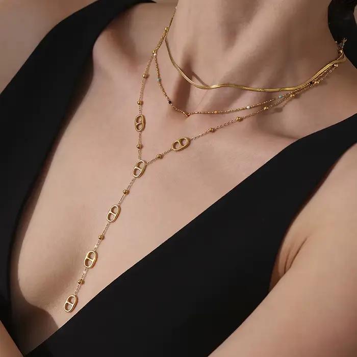 Collier Long en acier inoxydable de qualité supérieure, tendance, Style nez de cochon, pendentif goutte en forme de Y, collier étanche pour femmes et filles, bijoux