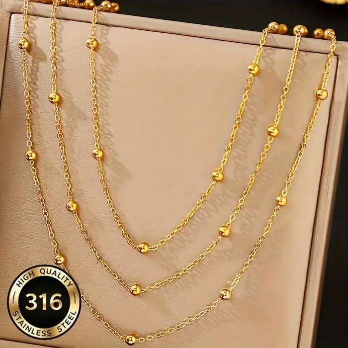 Collier bohème élégant à trois couches en acier inoxydable avec perles rondes, collier de clavicule pour femme, tendance et luxe léger