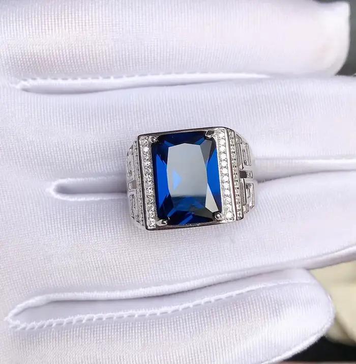 Bague en argent regardé 925 avec saphir bleu royal pour homme, pierre précieuse exquise, rectangle 215, bonne coupe, cadeau d'anniversaire, grande taille