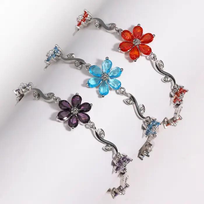 Bracelet élégant en Zircon pour femmes, violet, rose, bleu, fleurs, Y2K, doux, nœud pour filles, bijoux de luxe de styliste, cadeau