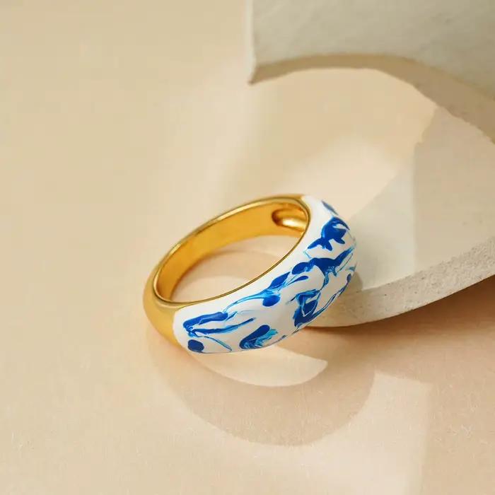 Bague statement en émail bleu et blanc pour femmes, vintage, large, couleur or, cercle, bague de doigt, étanche, bijoux vintage, cadeaux