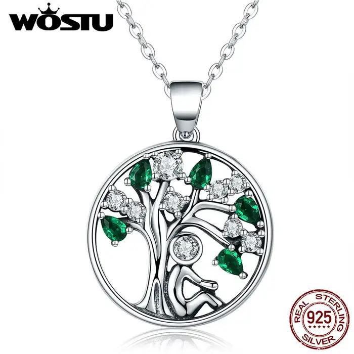 WOSTU Collier Arbre de Vie en argent sterling 925 véritable, pendentif rond en zircone cubique verte, bijoux Arbre de Famille, cadeau pour elle