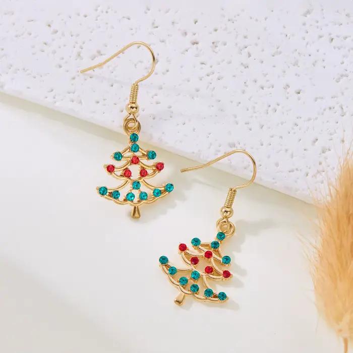 Boucles d'oreilles de Noël tendance et mignonnes pour femmes, avec strass colorés brillants, motif sapin de Noël, nœud et couronne, bijoux de fête du Nouvel An