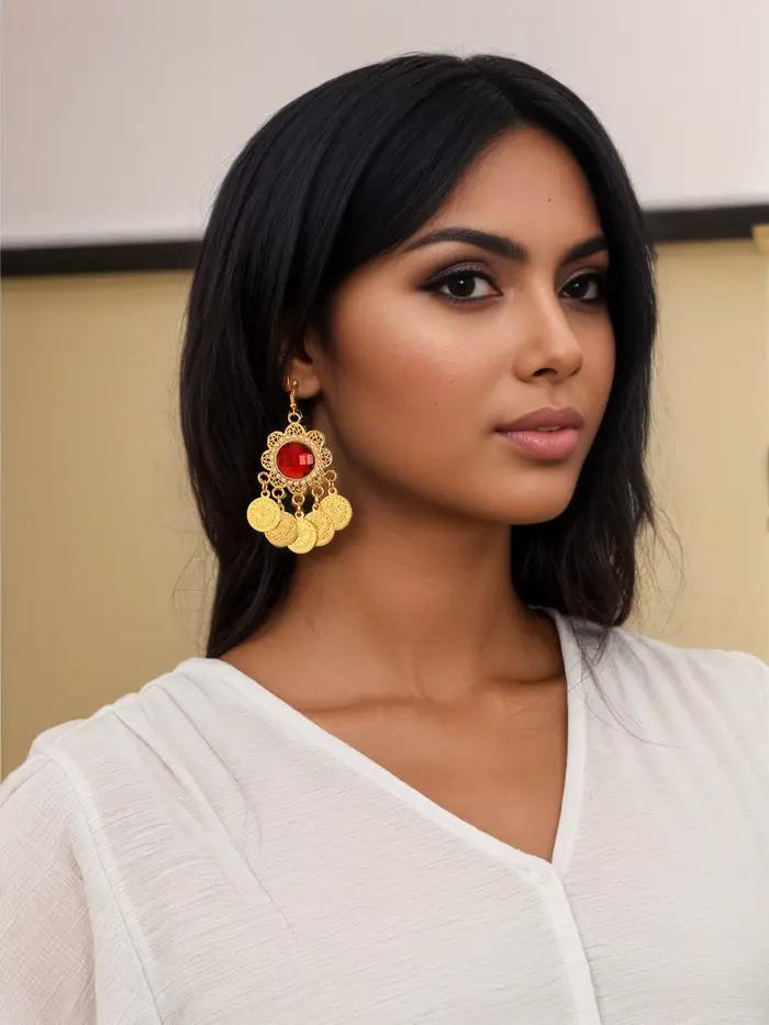 Ensemble de boucles d'oreilles luxueuses pour femme arabe, serties de pierres précieuses artificielles et de pendentifs en forme de pièce de monnaie, cadeau de bijoux de mariage pour mariée marocaine