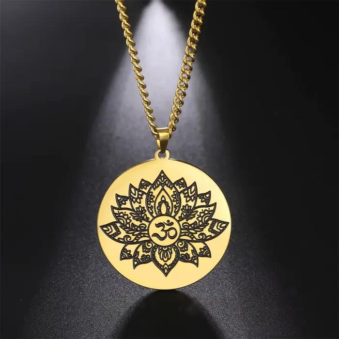 EUEAVAN Collier Pendentif Fleur de Lotus Om Vintage, Colliers Bouddhistes Hindous Aum Ohm, Amulette Porte-Bonheur, Bijoux de Mode pour Hommes
