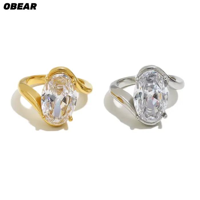 Bague ovale en acier inoxydable plaqué or avec cristal, grande bague solitaire pour femme, bijoux de mode