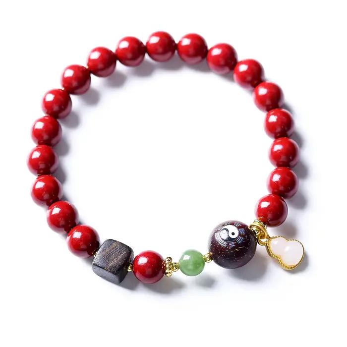 Bracelet ethnique en cinabre avec perles des Neuf Trigrammes Taoïstes et pendentif gourde pour femme, bijou de poignet, cadeau