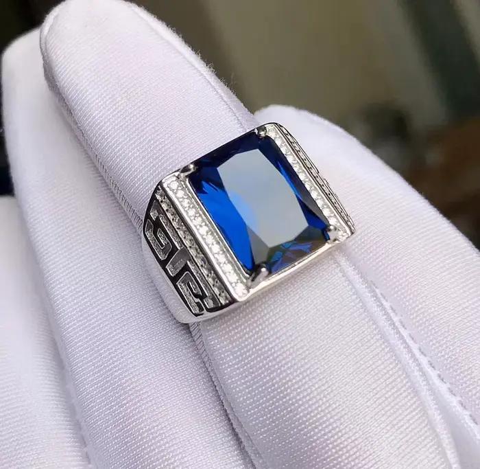 Bague en argent regardé 925 avec saphir bleu royal pour homme, pierre précieuse exquise, rectangle 215, bonne coupe, cadeau d'anniversaire, grande taille