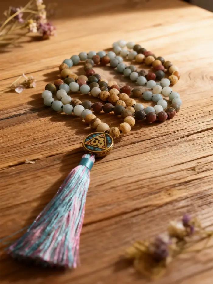 Bracelets bouddhistes à pampilles, Amazonites naturelles, jaspe Picasso, image de Jaspers, perles mates nouées à la main, bijoux de perles de prière 108