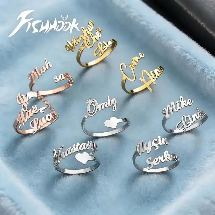 Bague de Couple personnalisée avec Double premier nom, pour femmes et hommes, cadeau de famille personnalisé, couleur or Rose, bijoux d'amour en acier inoxydable