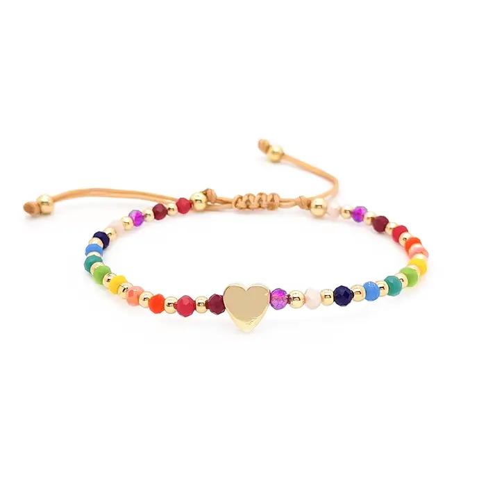 Bracelet en corde à main plaqué or 18 carats, breloque en forme de cœur, perles de cristal arc-en-ciel, Simple, Style européen et américain pour filles