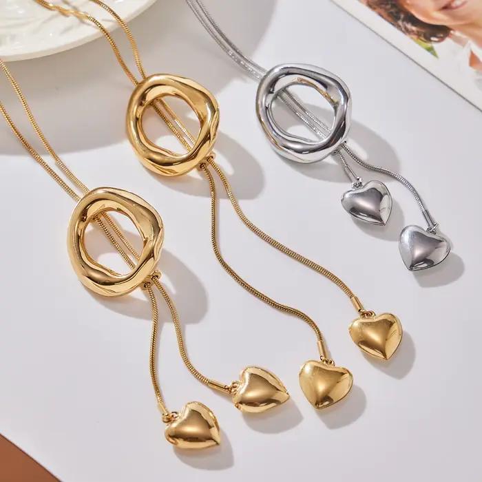 Collier avec pendentif en forme de cœur pour femmes, chaîne plaquée or en acier inoxydable, argent doré, réglable de 62cm de Long, bijoux à la mode