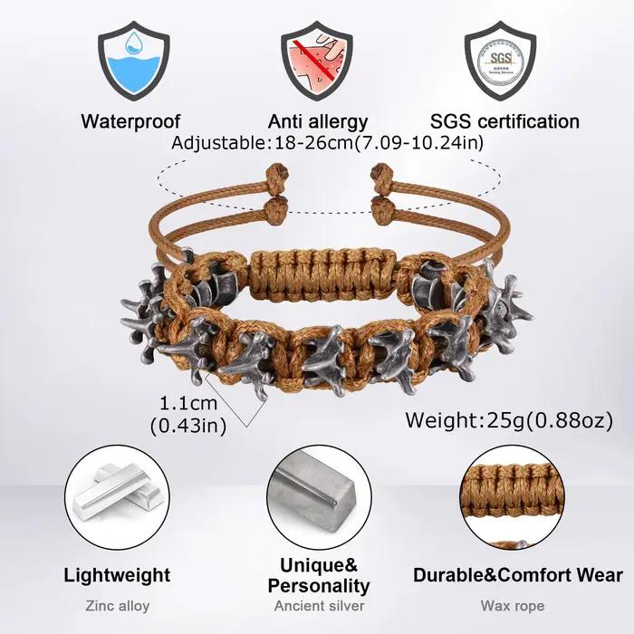 Bracelet ajustable en corde tressée avec épines de dragon gothique en métal pour hommes, bijoux punk hip-hop