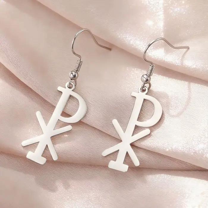 LIKGREAT Boucles d'oreilles Chi-Rho chrétiennes pour femmes, pendentif croix religieuse en acier inoxydable, amulette religieuse, bijoux uniques, cadeau