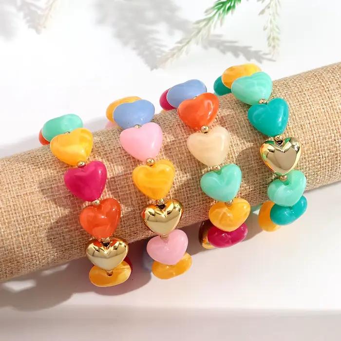 Nouveaux Bracelets Tendance Multicolores en Résine avec Cœur Perlé pour Femmes, Bracelet Élastique en Acrylique Fait Main Populaire, Bijou Tendance, Cadeau