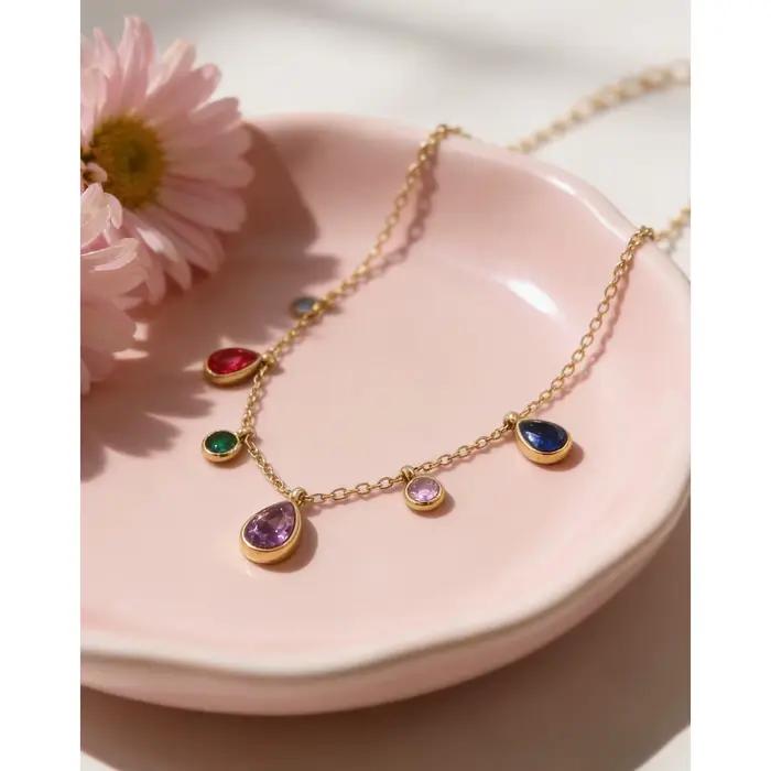 YACHAN Collier en acier inoxydable avec pendentif en cristal de zircon coloré pour femmes, chic, luxueux, vintage, bijou plaqué or 18 carats
