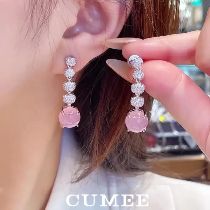 MEE-Boucles d'Oreilles en Calcédoine Rose Incrustée pour Femme, Argent Sterling 925 Plaqué Or, Mode Toxique