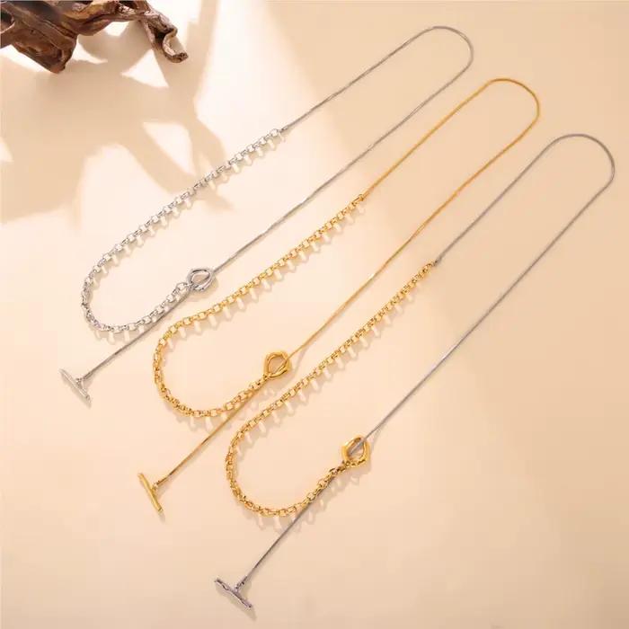 Collier Long réglable bicolore en acier inoxydable pour femmes, 80cm, couleur or argent 18 carats, boucle OT, chaîne de pull pour femmes