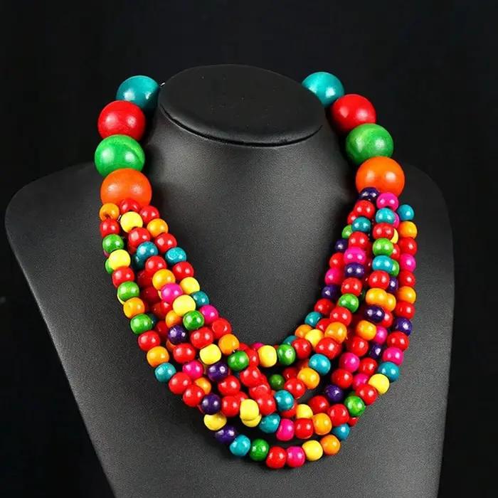 Collier bavoir multicouche en perles de bois pour femmes, Style africain bohème, fait à la main, accessoires de bijoux d'été, collier ras du cou