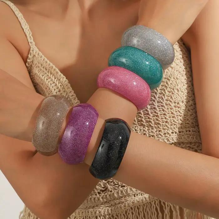Bracelet à manchette large en acrylique à paillettes colorées pour femmes, rétro, rond en résine, ouvert, à la mode, empilable, bijoux cadeaux