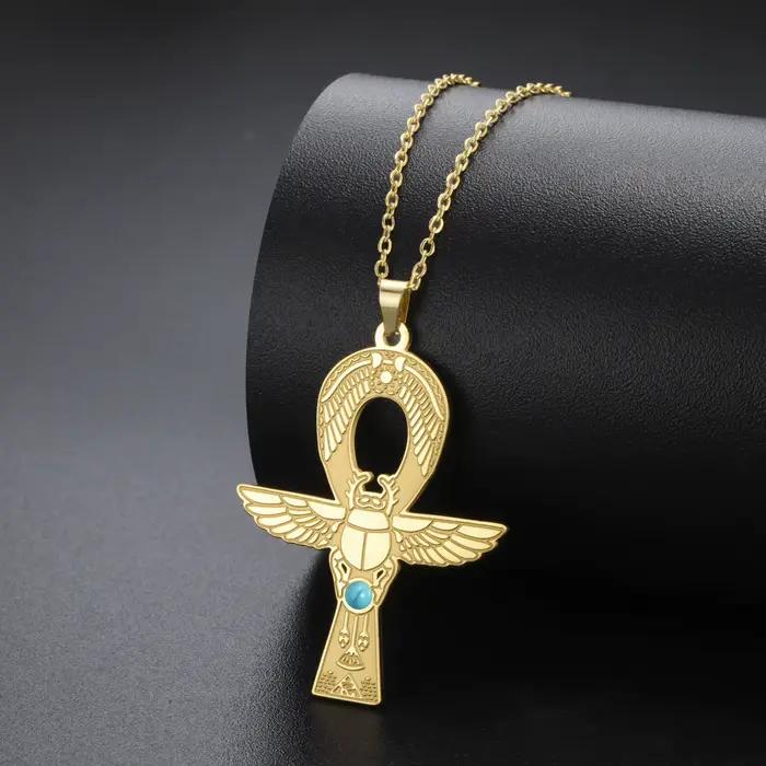 Kkjoy Collier Scarabée Croix Ankh Égyptienne Ancienne en Acier Inoxydable avec Incrustation de Turquoise, Pendentif Symbole Mystique, Bijoux Or et Argent
