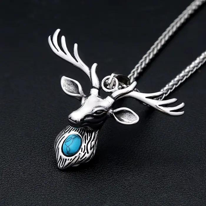 Collier pendentif tête de renne vintage en acier inoxydable incrusté de pierres précieuses artificielles pour homme, bijou de mode urbaine, cadeau