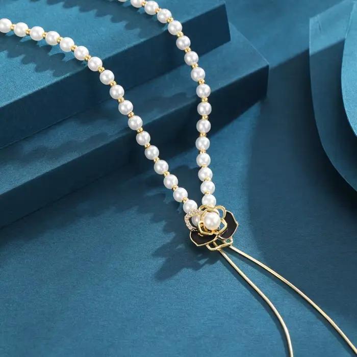Chaîne de pull Rose en cuivre pour femmes, Imitation de perles, mode, Long collier polyvalent, bijoux à breloques réglables