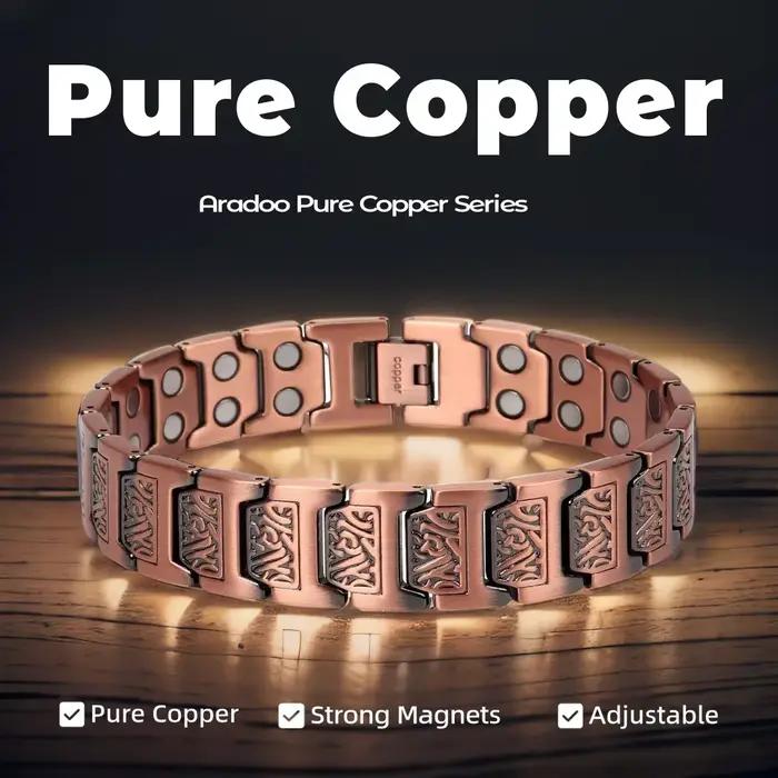 ARADOO Bracelet en cuivre pour hommes, 100% cuivre pur, bracelet à maillons magnétiques, bijoux, cadeau avec outil de réglage de la taille