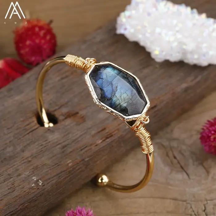 Bracelet en pierre de Labradorite Flash pour femmes, perles octogonales, manchette, bijoux en Labradorite faits à la main, cadeau pour adolescents, livraison directe