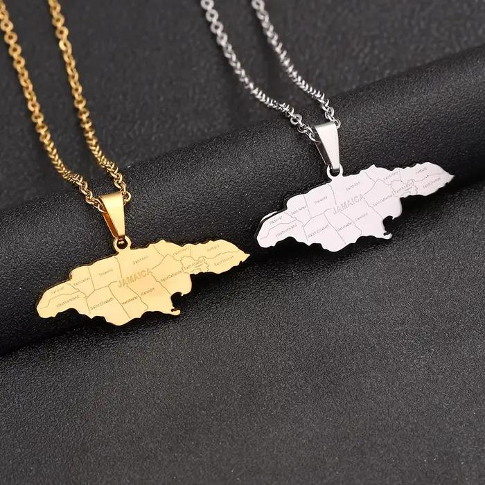 Collier avec pendentif carte de la jamaïque en acier inoxydable, pour femmes et hommes, couleur or et argent, breloque à la mode, bijoux jamaïcaines, cadeaux
