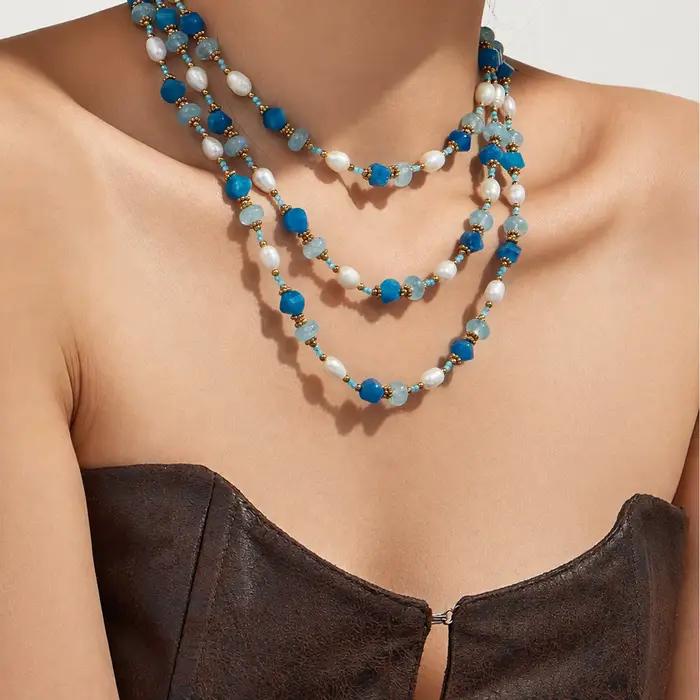 Colliers faits à la main avec perles d'eau douce, perles de pierre bleues facettées, collier pour femmes, plaqué or 18 carats, acier inoxydable