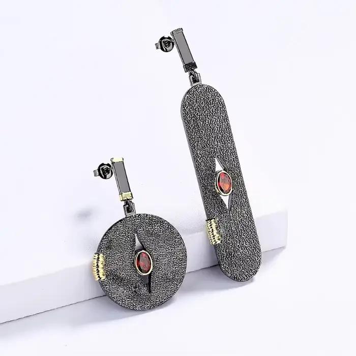 Ensemble de bijoux en argent 925 pour femme, bague exagérée géométrique rétro, collier, boucles d'oreilles asymétriques, or noir, ensemble de 3 pièces