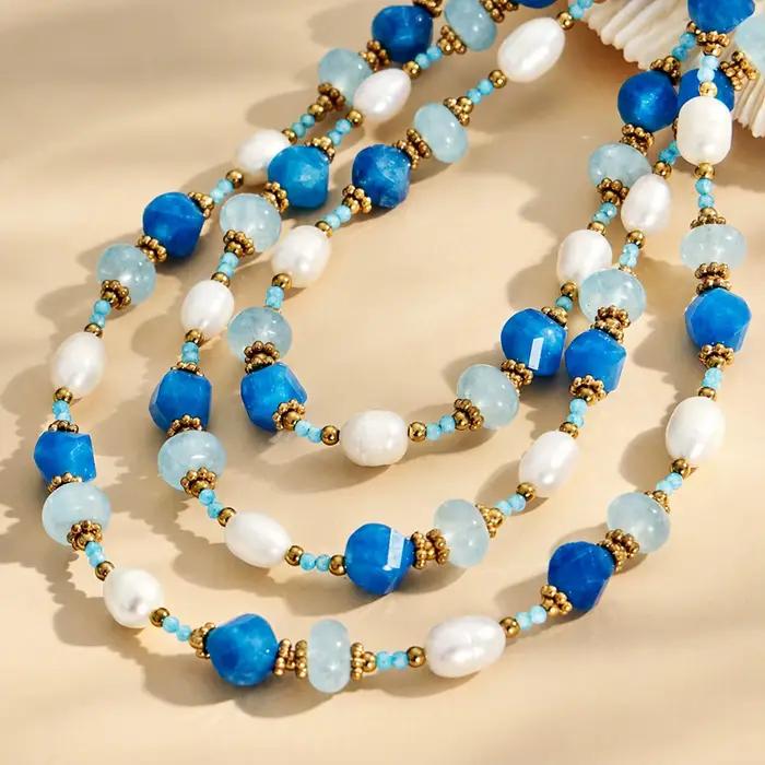 Colliers faits à la main avec perles d'eau douce, perles de pierre bleues facettées, collier pour femmes, plaqué or 18 carats, acier inoxydable