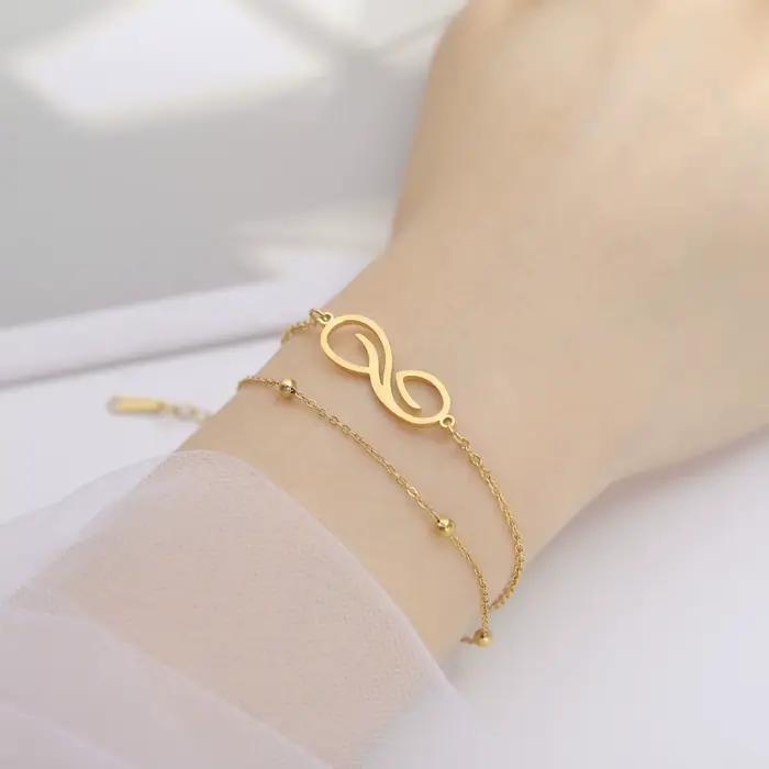 Skyrim – Bracelet symbole infini en acier inoxydable pour femmes, symbole géométrique minimaliste, chaîne de perles Double couche, bijoux cadeau pour Couple
