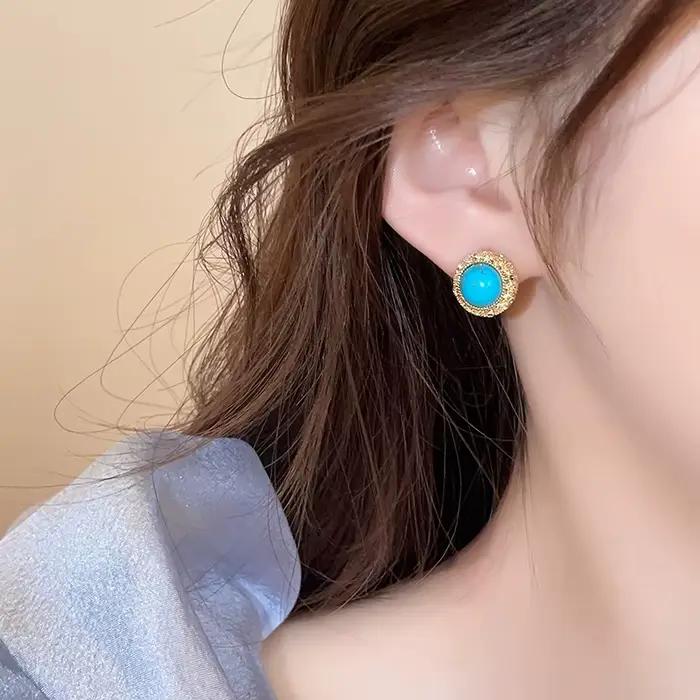 Boucles d'oreilles rondes rétro Turquoise 2025, bijoux avec bordure couleur or, accessoires inhabituels pour fête de mariage pour femmes et filles, cadeaux polyvalents